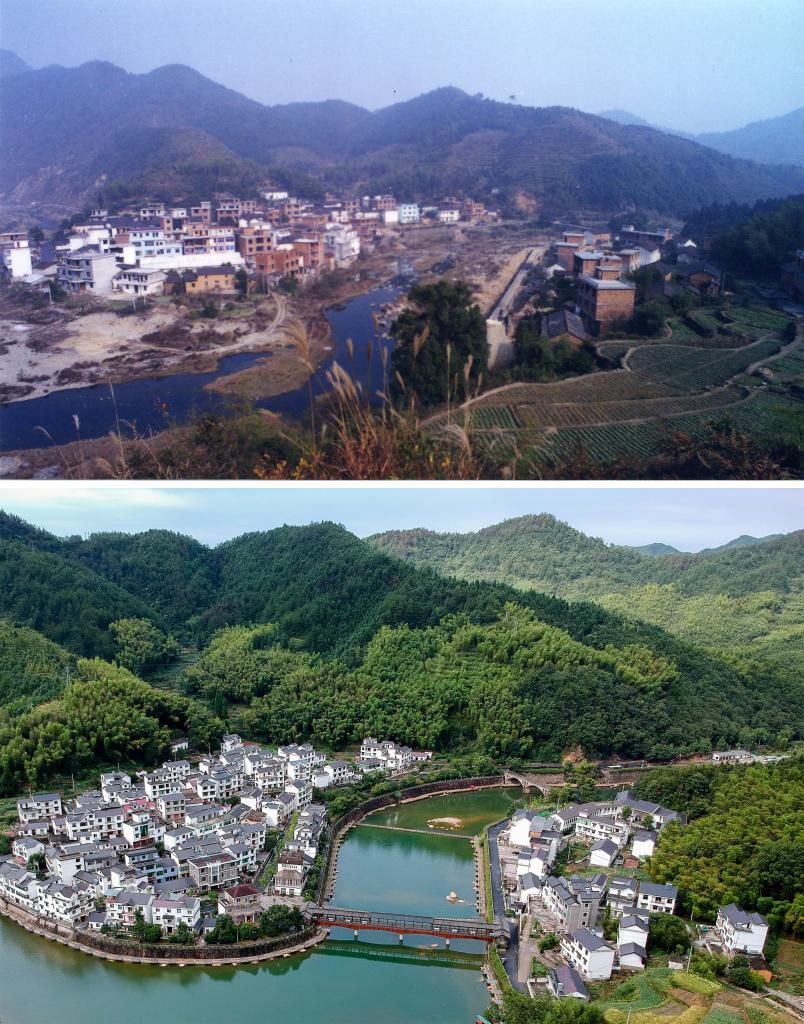 圖為浙江省杭州市淳安縣楓樹嶺鎮(zhèn)下姜村拼版圖，其中上圖為資料照片、下圖由新華社記者張鋮攝。